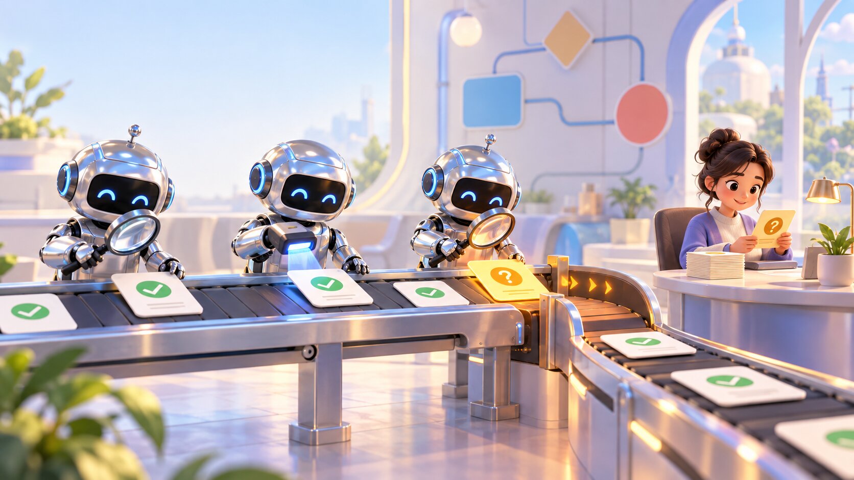 Comical editorial illustration of three robots grading workflow cards on an assembly line, with uncertain work sent to a human review desk