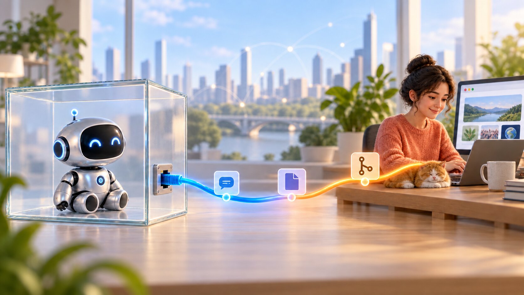 Editorial illustration of a sandboxed AI agent reaching through an open network cable toward real people and a live website